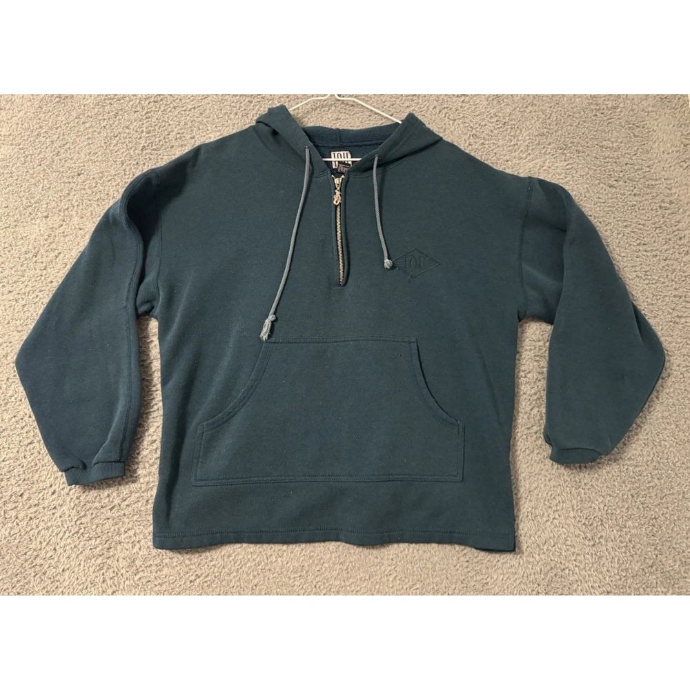 Vintage IOU Quarter Zip Green Hoodie Mens‎ Medium Sweatshirt Logo Fleece Medium